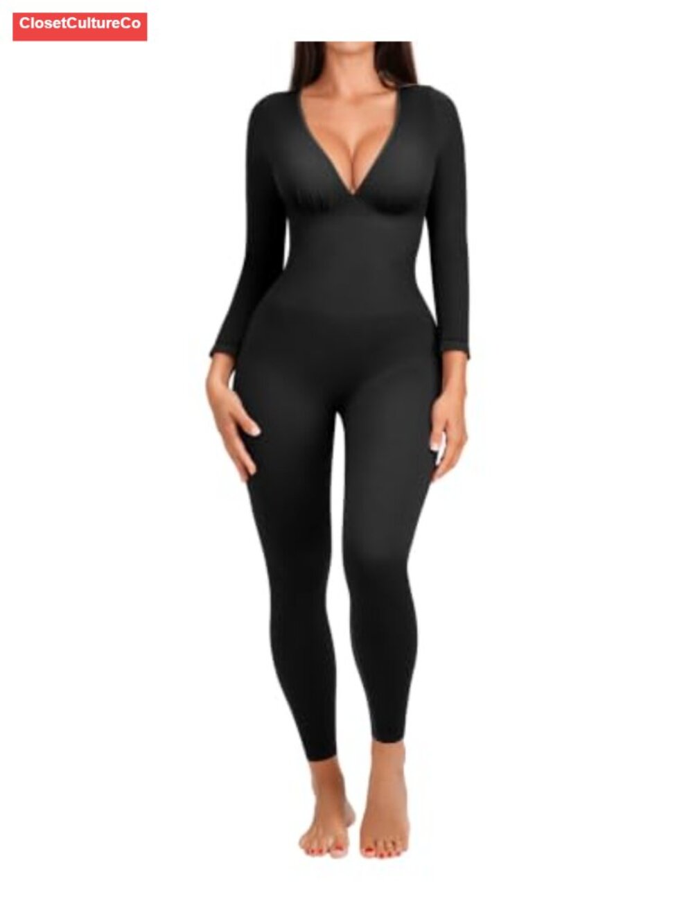 Long Sleeve V-Neck Bodycon Jumpsuit Built-in Bra Tummy Control One Piece